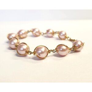 Gold Tone Wire Wrapped Blush Color Pearls Bracelet with Lobster Claw Clasp - 7"